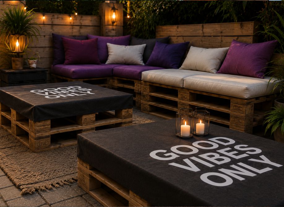 12 ideeën voor een stijlvolle pallettafel. 4 Donkere tuinsetting met pallet hoes