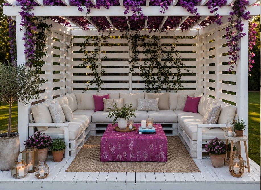 12 ideeën voor een stijlvolle pallettafel. 12 Gezellige lounge onder een pergola paars