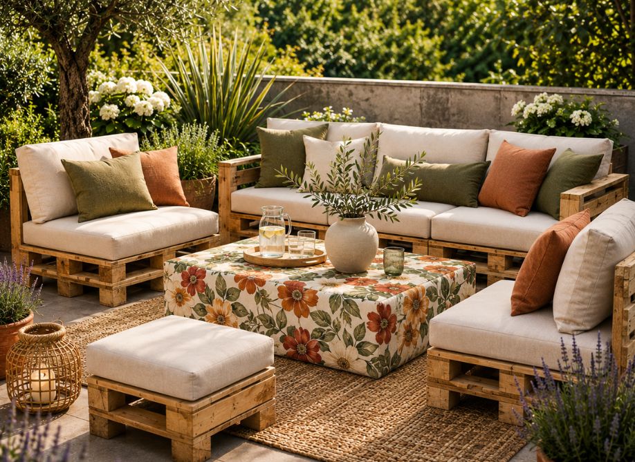 12 ideeën voor een stijlvolle pallettafel. 9 Gezellige tuinlounge in de zon pallet bloemenprint